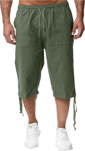 Mens Shorts Cotton Linen Beach Yoga Pants Below Knee Length Casual Loose Fit Canvas Utility Hiker Shorts