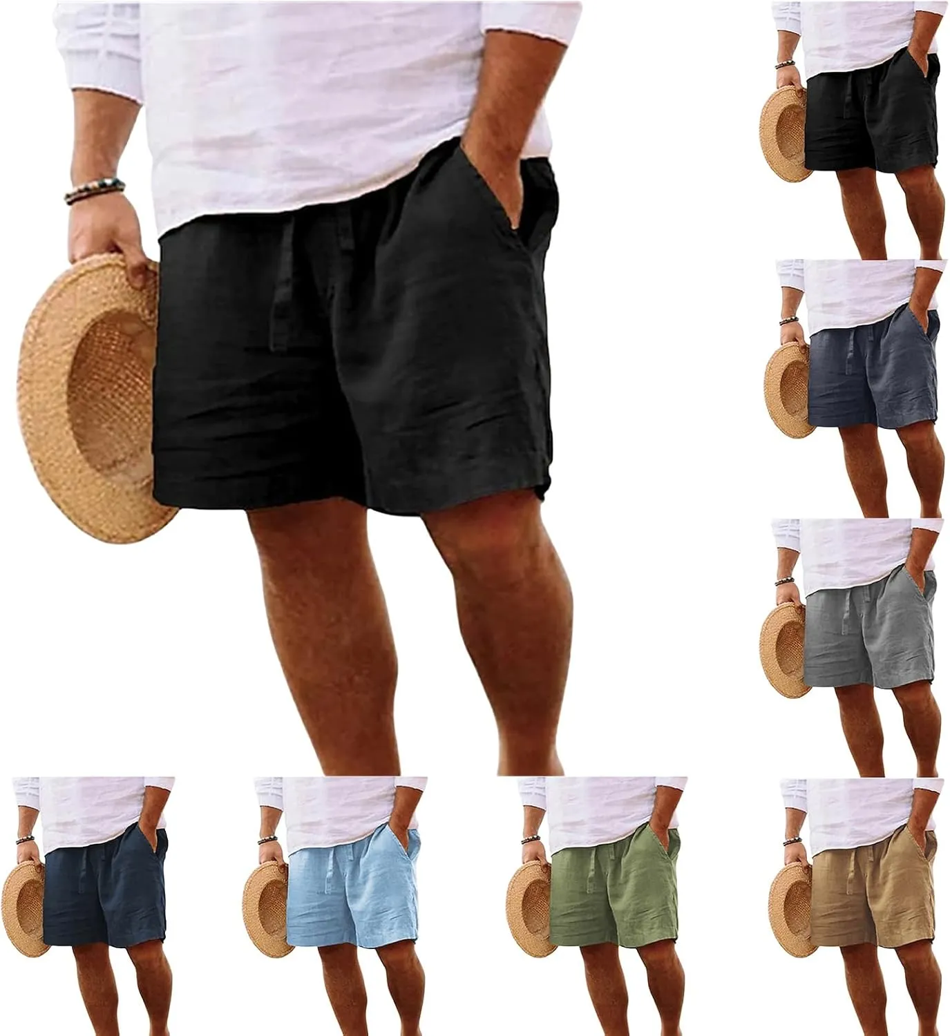 Mens Summer Casual Cotton Linen Shorts Elastic Waist Lounge Stretch Work Beach Golf Drawstring Shorts