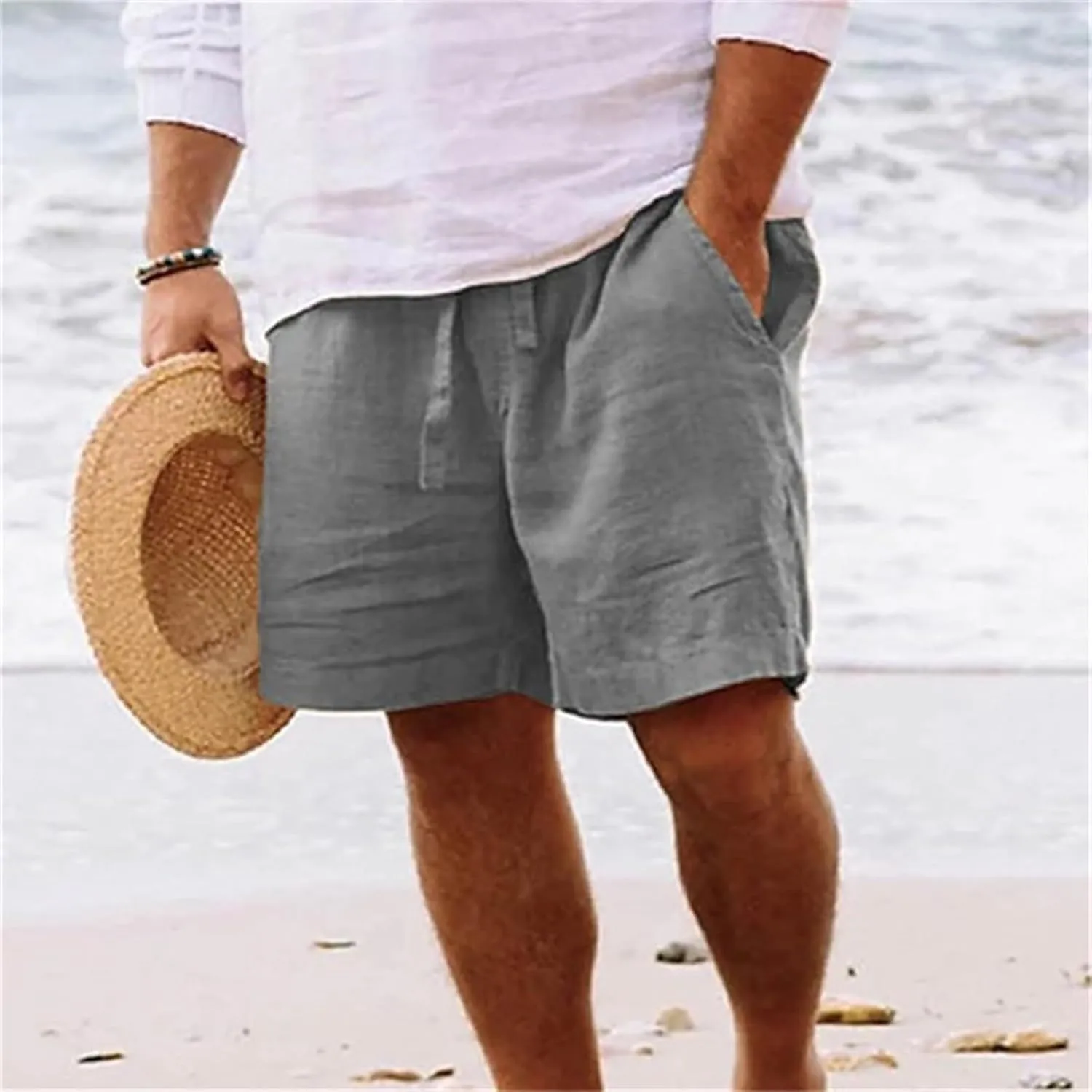 Mens Summer Casual Cotton Linen Shorts Elastic Waist Lounge Stretch Work Beach Golf Drawstring Shorts