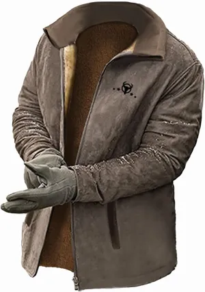 Mens Vintage Suede Jacket Plush Collar Coats Faux Leather Warm Jacket Men Zip Up Motorcycle Jacket Coats Retro Tops