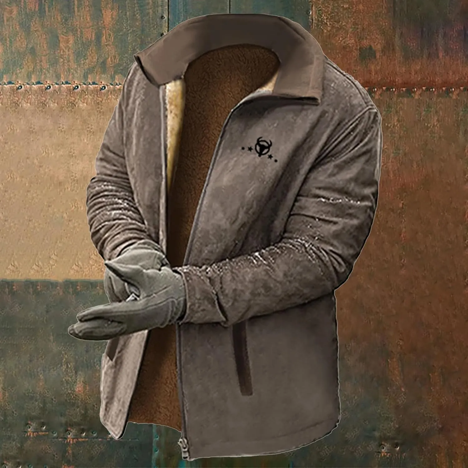 Mens Vintage Suede Jacket Plush Collar Coats Faux Leather Warm Jacket Men Zip Up Motorcycle Jacket Coats Retro Tops