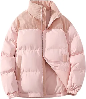 Mens Winter Bomber Jacket Warm Plus Size Puffer Jacket Corduroy Patchwork Coat Windproof Zipper Outwear Down Jacket