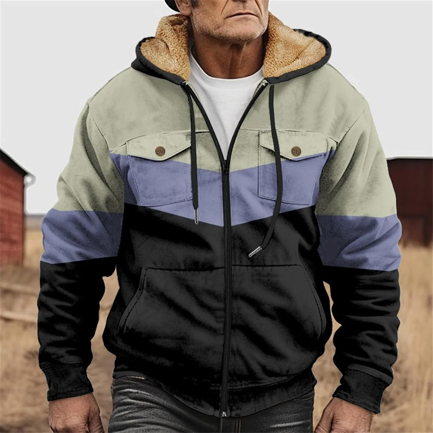 Mens Winter Jacket Sherpa With Hood Warm Coats Fleece Zipper Hoodie Big Tall Heavyweight Fall Outfits With Pockets
