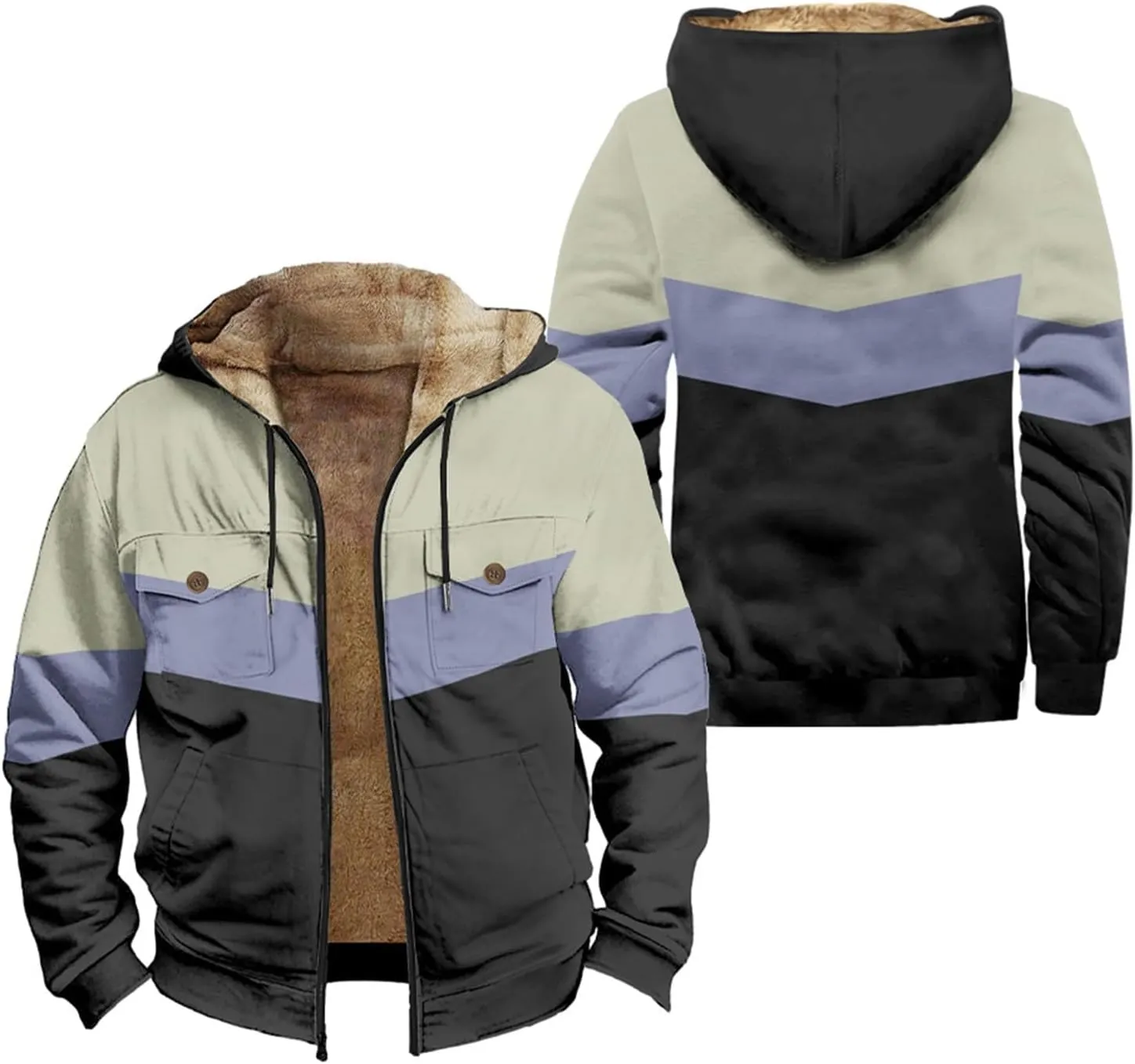 Mens Winter Jacket Sherpa With Hood Warm Coats Fleece Zipper Hoodie Big Tall Heavyweight Fall Outfits With Pockets