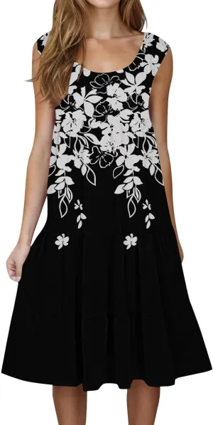 Midi Dresses for Women Casual Spring Summer Flowy Beach Dress Sleeveless Crewneck Cute Tank Sundresses Boho Dresses