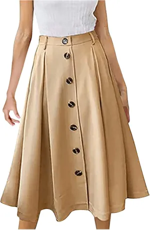Midi Skirts for Women Spring Fall Button A-Line Skirt Casual Plain Pleated Long Skirts Ruffle Flowy Midi Skirt