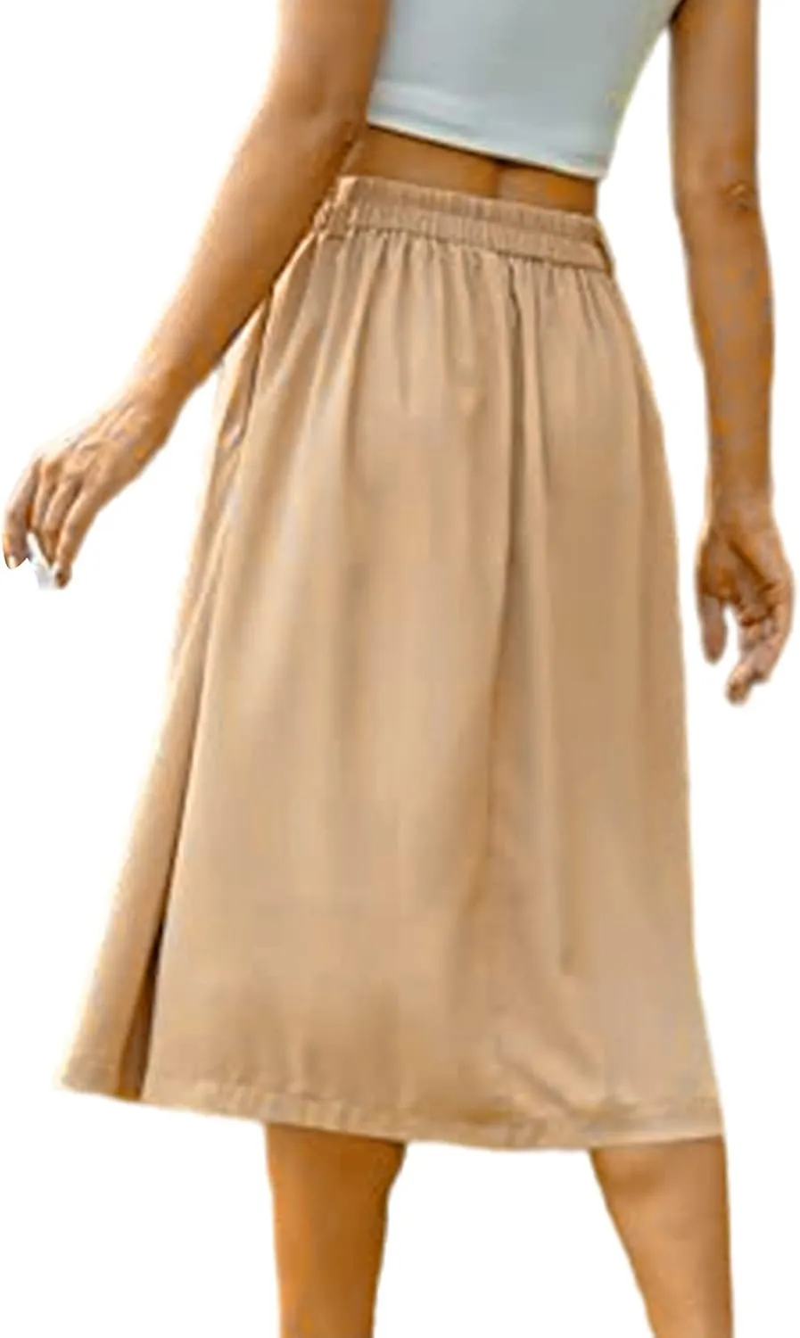 Midi Skirts for Women Spring Fall Button A-Line Skirt Casual Plain Pleated Long Skirts Ruffle Flowy Midi Skirt