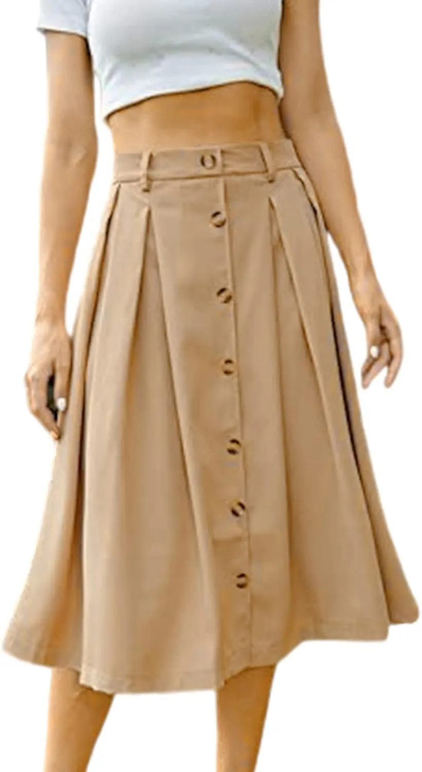 Midi Skirts for Women Spring Fall Button A-Line Skirt Casual Plain Pleated Long Skirts Ruffle Flowy Midi Skirt