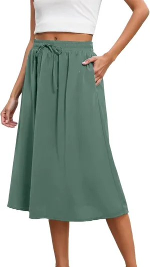 Midi Skirts for Women Summer Casual Flow A Line Elastic Tie Waist Swing Long Skirt Dress with Pockets Trendy Outfits