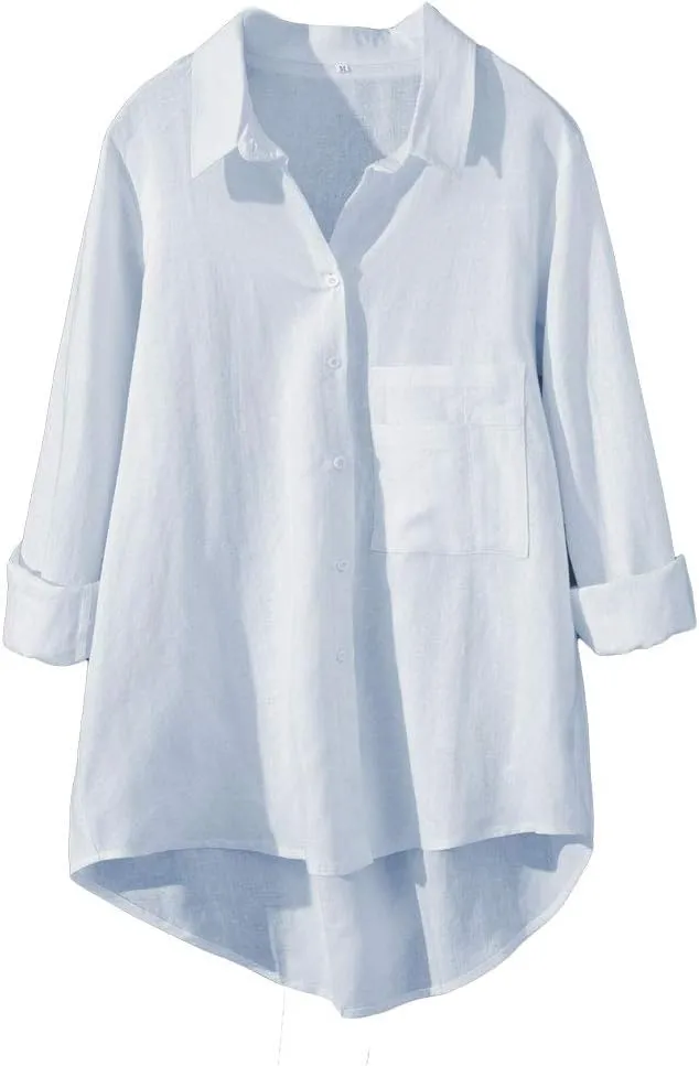 Minibee Women's Long Sleeve Shirts Button Down Blouse Cotton Tunic High Low Tops