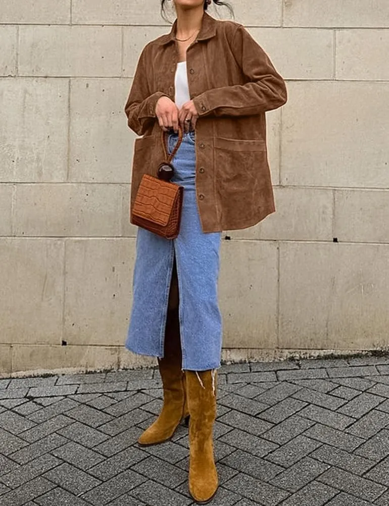 Mywinway Suede Jacket for Women Fall Winter Casual Y2k Oversized Faux Leather Blazer Jackets Trench Coat Outerwear
