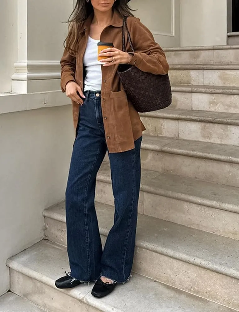 Mywinway Suede Jacket for Women Fall Winter Casual Y2k Oversized Faux Leather Blazer Jackets Trench Coat Outerwear