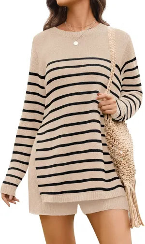 NENONA Women's Spring Summer Sweater Sets 2 Piece Beach Vacation Outfits Long Sleeve Casual Tops & Shorts Loungewear