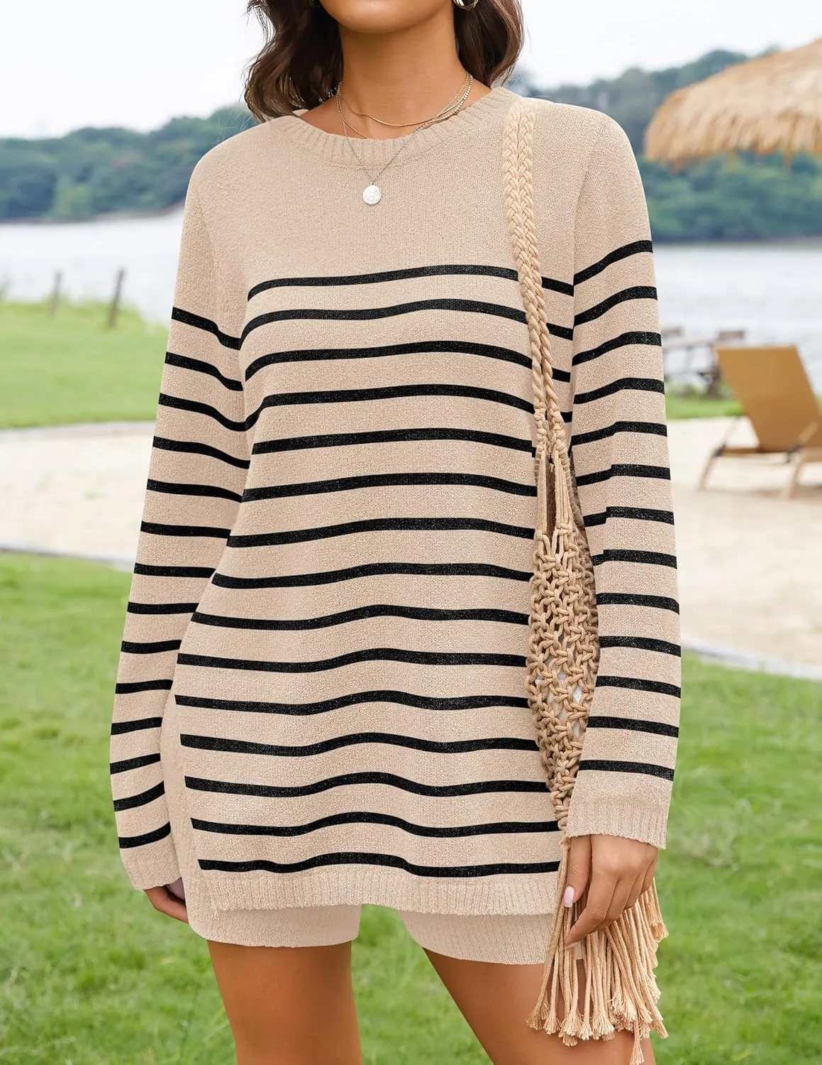 NENONA Women's Spring Summer Sweater Sets 2 Piece Beach Vacation Outfits Long Sleeve Casual Tops & Shorts Loungewear