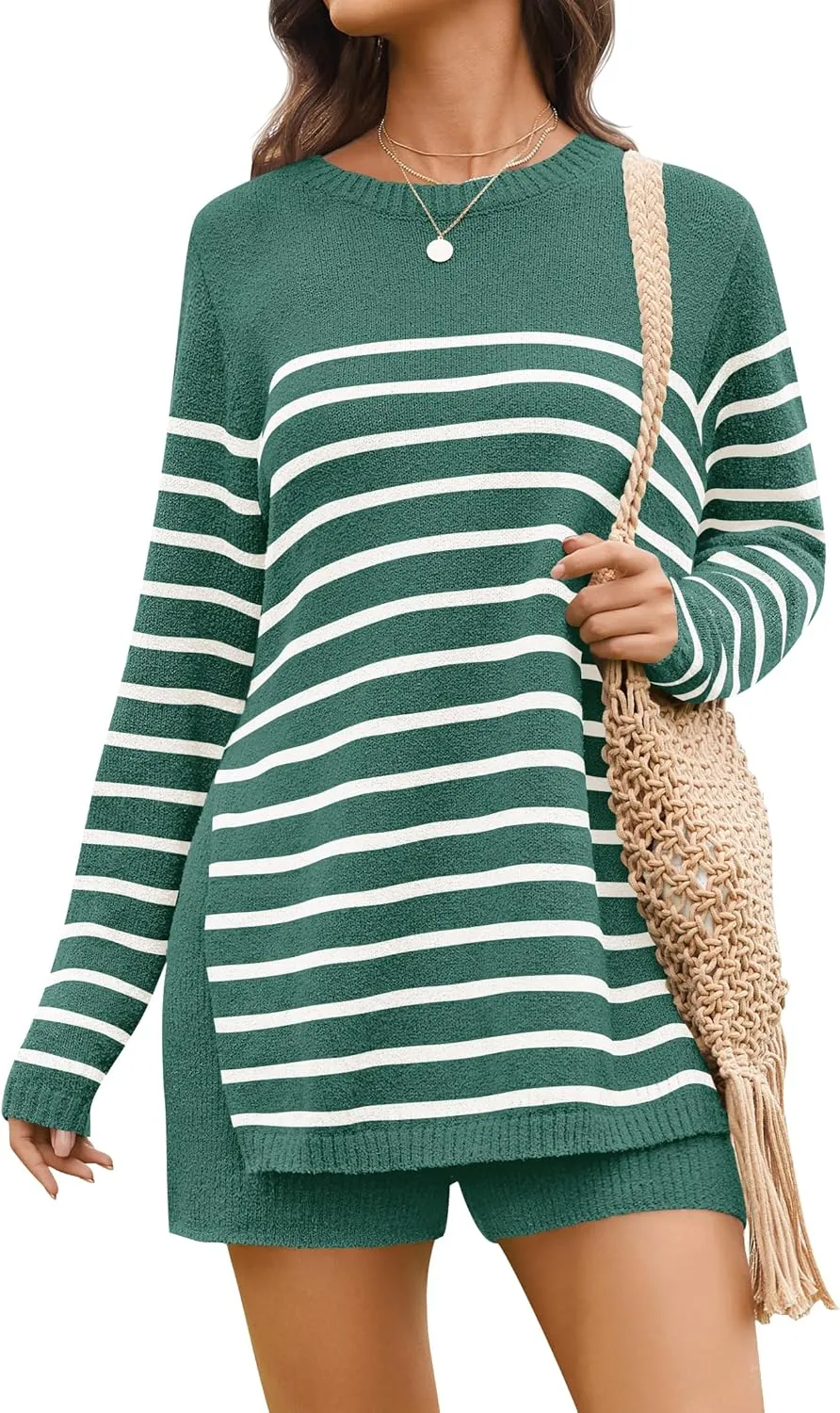 NENONA Women's Spring Summer Sweater Sets 2 Piece Beach Vacation Outfits Long Sleeve Casual Tops & Shorts Loungewear