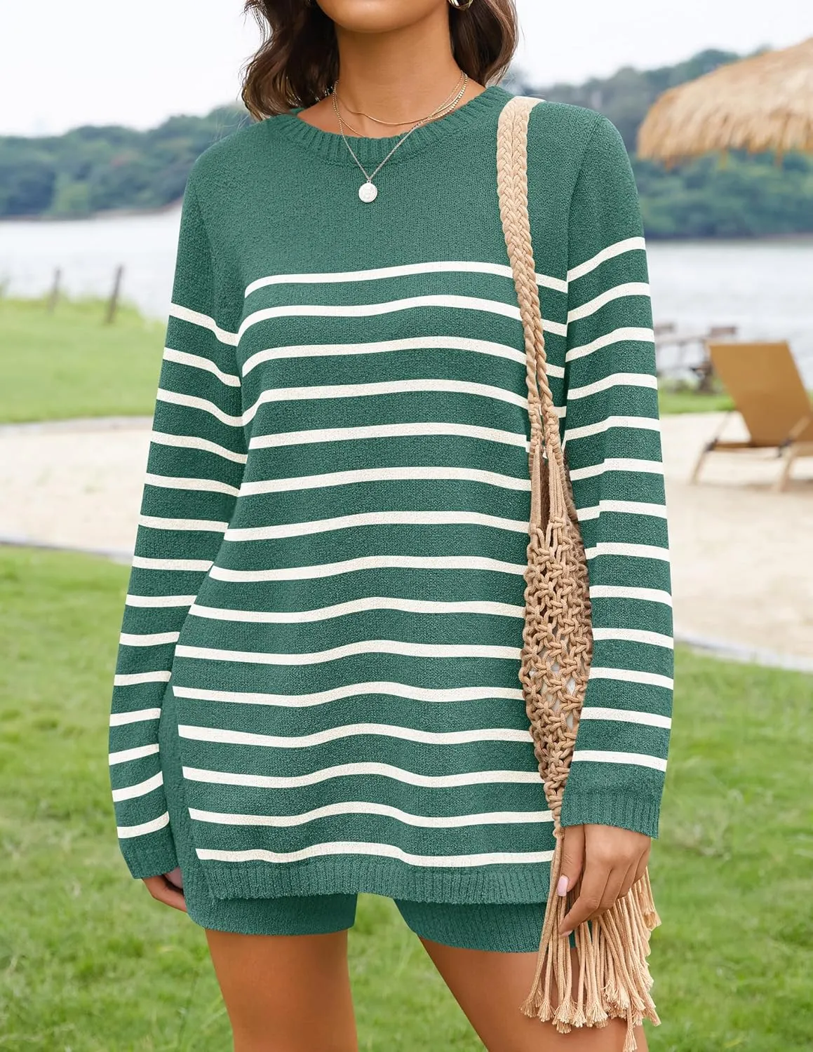NENONA Women's Spring Summer Sweater Sets 2 Piece Beach Vacation Outfits Long Sleeve Casual Tops & Shorts Loungewear