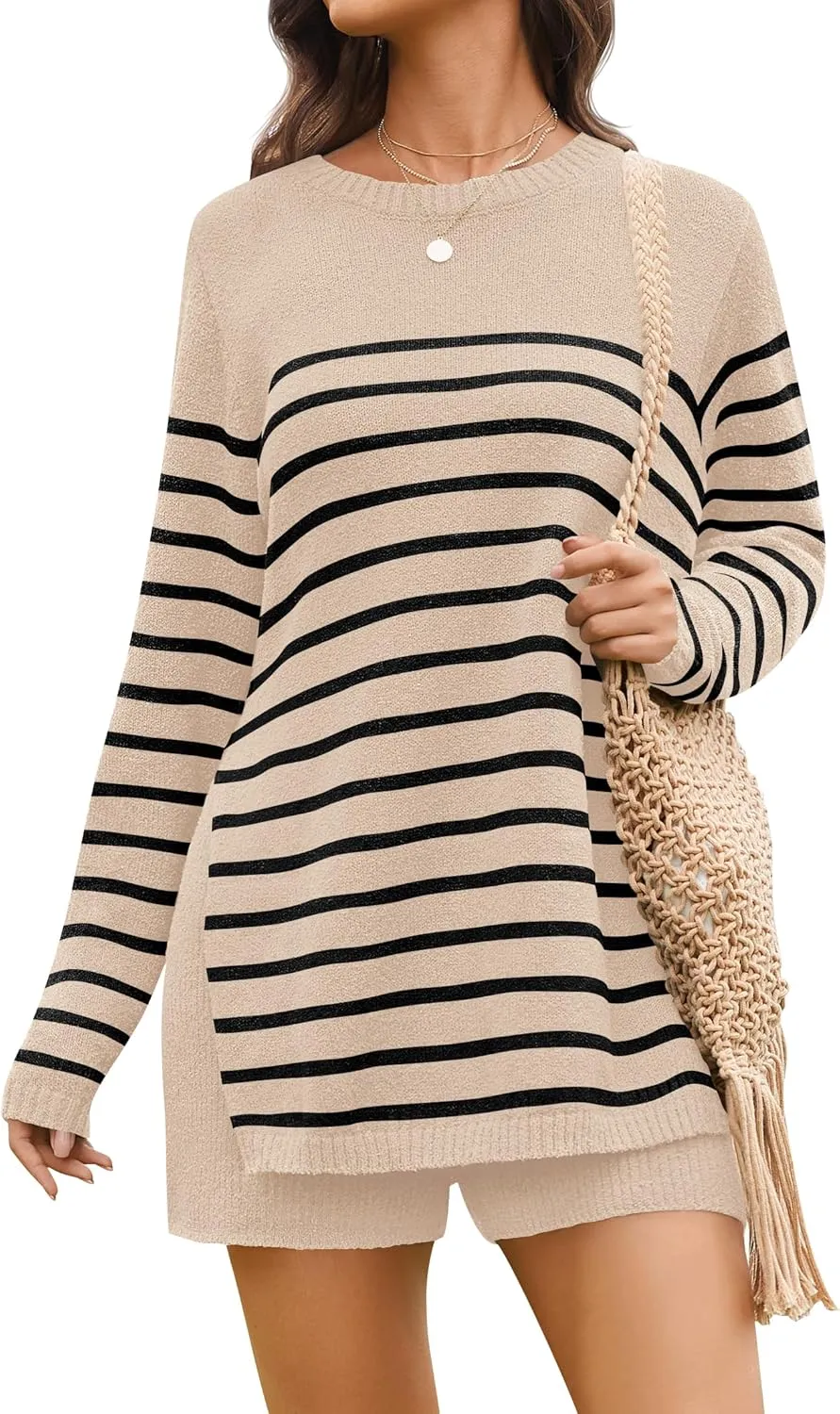 NENONA Women's Spring Summer Sweater Sets 2 Piece Beach Vacation Outfits Long Sleeve Casual Tops & Shorts Loungewear