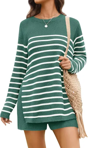 NENONA Women's Spring Summer Sweater Sets 2 Piece Beach Vacation Outfits Long Sleeve Casual Tops & Shorts Loungewear