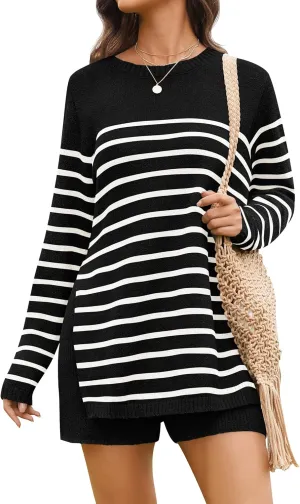 NENONA Women's Spring Summer Sweater Sets 2 Piece Beach Vacation Outfits Long Sleeve Casual Tops & Shorts Loungewear