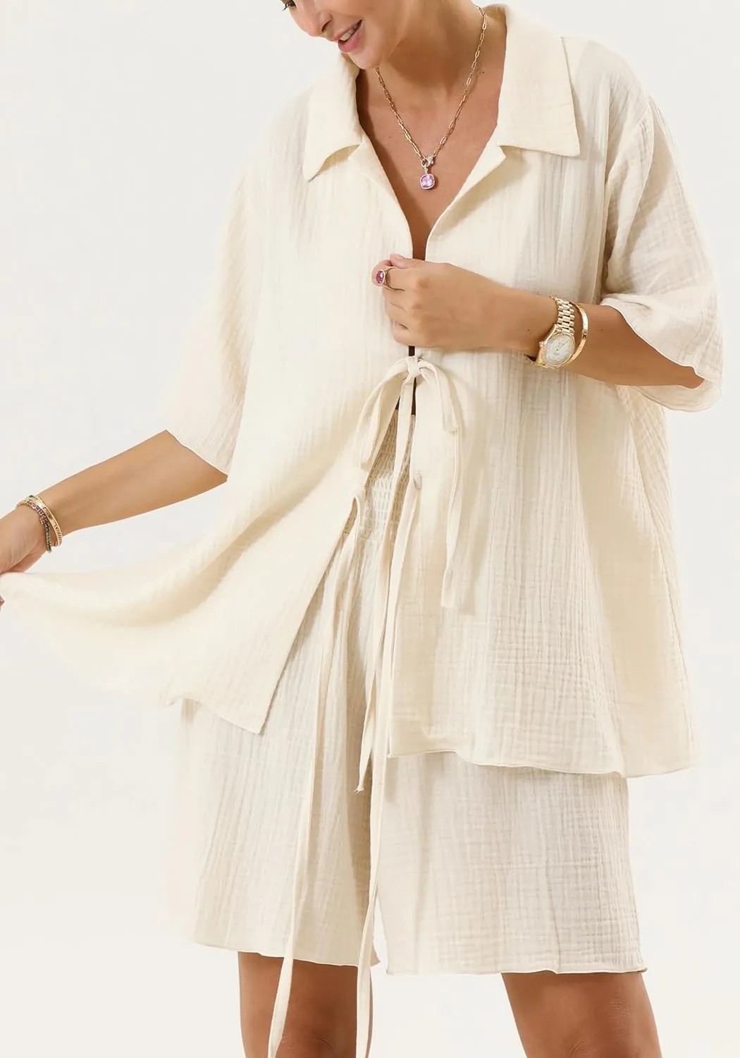 NOTHING FITS BUT Muslin Nursing Top & Shorts Set, Cotton Maternity Dress 2 Piece Set for Women, Nursing Dress Matching Sets