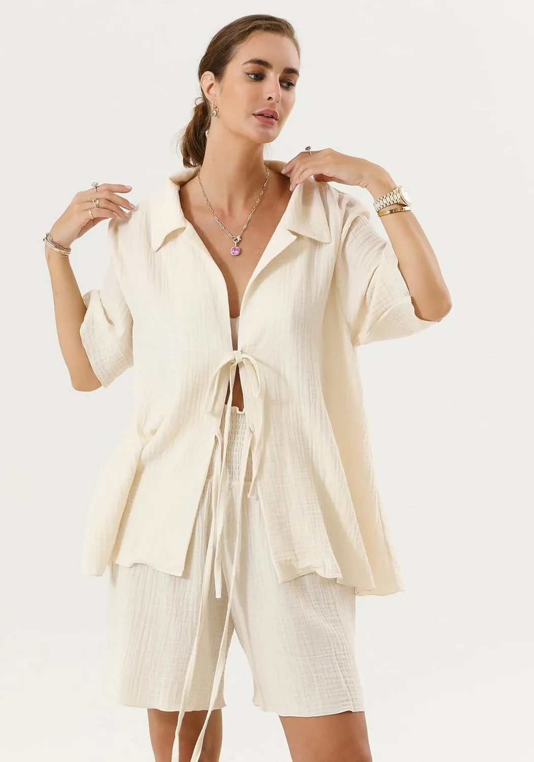 NOTHING FITS BUT Muslin Nursing Top & Shorts Set, Cotton Maternity Dress 2 Piece Set for Women, Nursing Dress Matching Sets