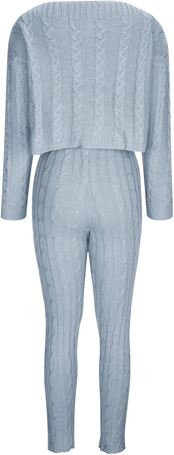 Oplxuo Off Shoulder Sweater Sets for Women Two Piece Outfits Cable Knit Pullover Tops and Bodycon Pants Lounge Matching Set