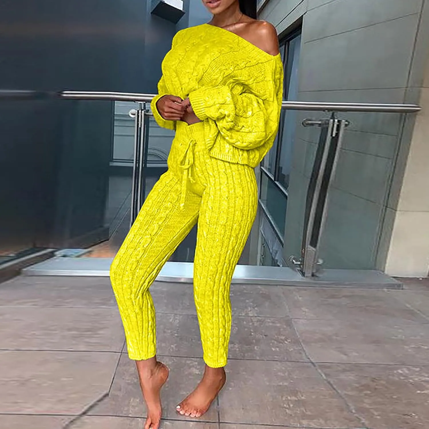 Oplxuo Off Shoulder Sweater Sets for Women Two Piece Outfits Cable Knit Pullover Tops and Bodycon Pants Lounge Matching Set