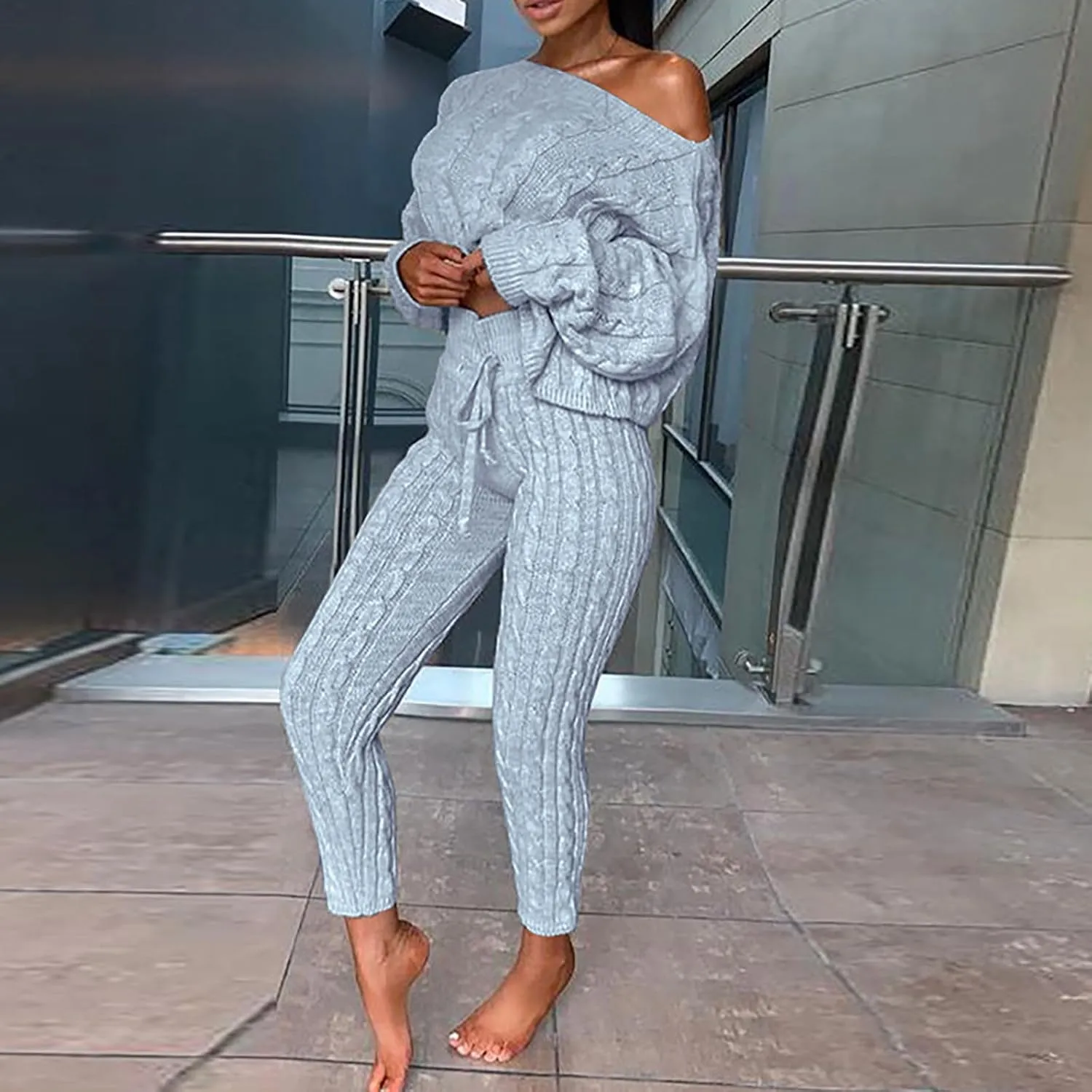 Oplxuo Off Shoulder Sweater Sets for Women Two Piece Outfits Cable Knit Pullover Tops and Bodycon Pants Lounge Matching Set