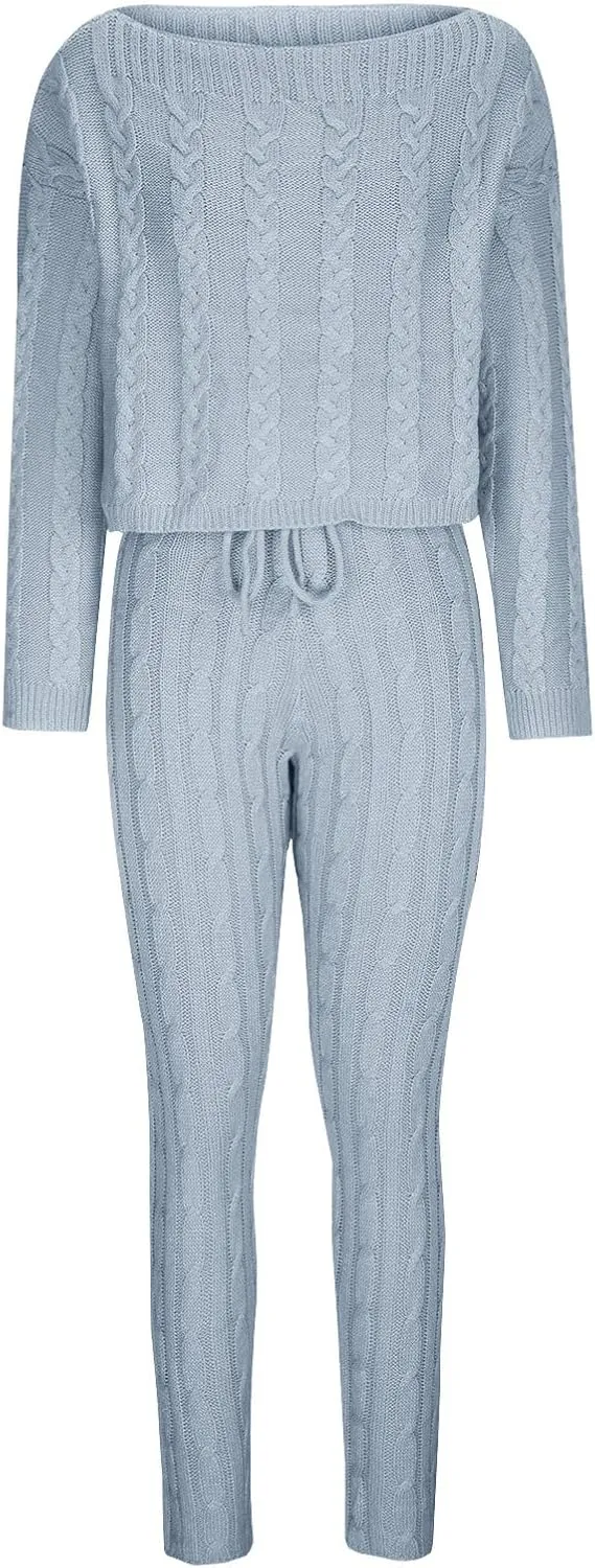 Oplxuo Off Shoulder Sweater Sets for Women Two Piece Outfits Cable Knit Pullover Tops and Bodycon Pants Lounge Matching Set