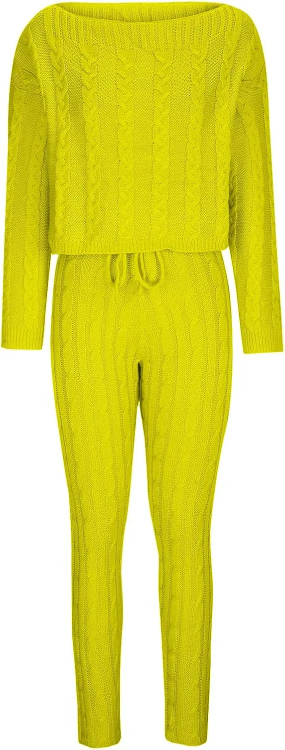 Oplxuo Off Shoulder Sweater Sets for Women Two Piece Outfits Cable Knit Pullover Tops and Bodycon Pants Lounge Matching Set