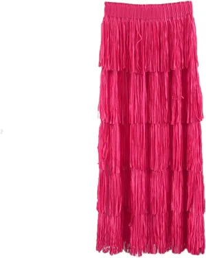 Oplxuo Women's Fringe Trim High Waist Long Skirts, Sexy Elegant Tiered Fringe Maxi Skirt High Waist Evening Party Work Skirt