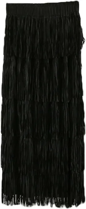 Oplxuo Women's Fringe Trim High Waist Long Skirts, Sexy Elegant Tiered Fringe Maxi Skirt High Waist Evening Party Work Skirt