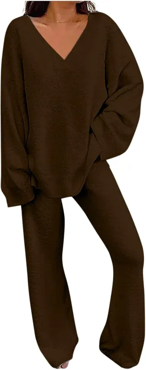 Outfits for Women 2 Piece Sets Lounge Sets Long Pants and V Neck Loose Pullover Soft Matching Loungewear Tracksuits
