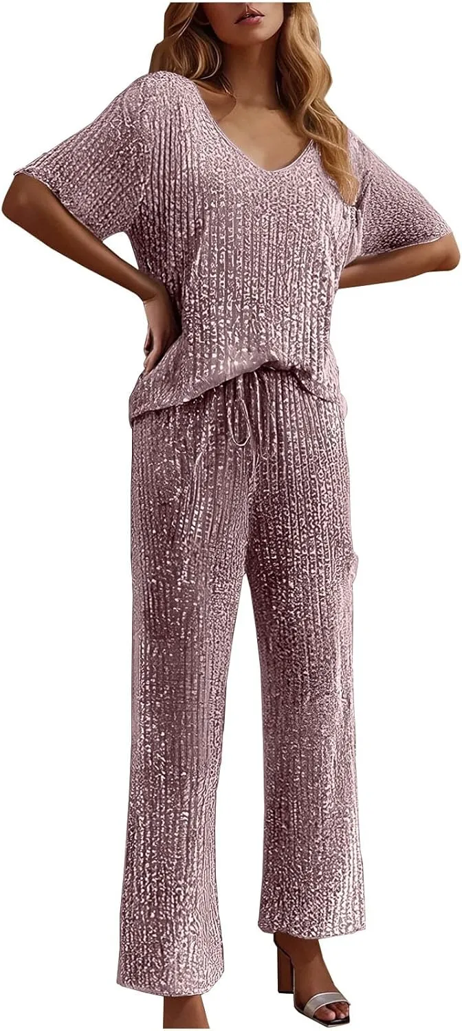Pajama Sets for Women Ribbed Knit Lounge Set Jogger Pants Short Sleeve V Neck Sleepwear 2 Piece Outfits with Pockets