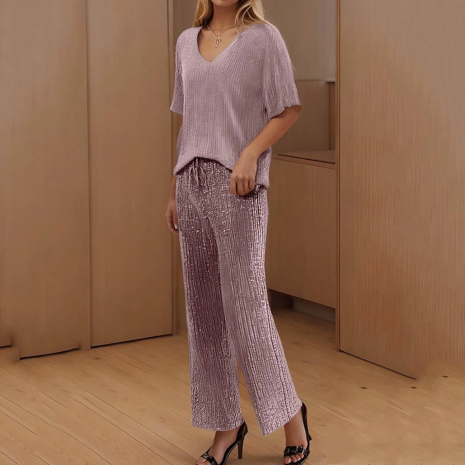 Pajama Sets for Women Ribbed Knit Lounge Set Jogger Pants Short Sleeve V Neck Sleepwear 2 Piece Outfits with Pockets