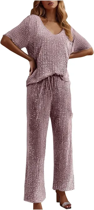 Pajama Sets for Women Ribbed Knit Lounge Set Jogger Pants Short Sleeve V Neck Sleepwear 2 Piece Outfits with Pockets