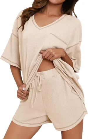 Pajama Sets for Women Waffle Knit 2 Piece Short Set Loungewear Matching Lounge Set Short Sleeve Top and Shorts Summer 2024 Beige S