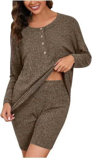 Pajamas Set for Women Ribbed Knit Lounge Set 2 Piece Outfits Button V Neck Loungewear Soft Comfy Sleepwear Sweatsuit