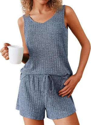 Pajamas Set Women's V-Neck Sleeveless Sleepwear Pj Set Ribbed Knit 2 Piece Outfits Lounge Sets Summer Loungewear Soft