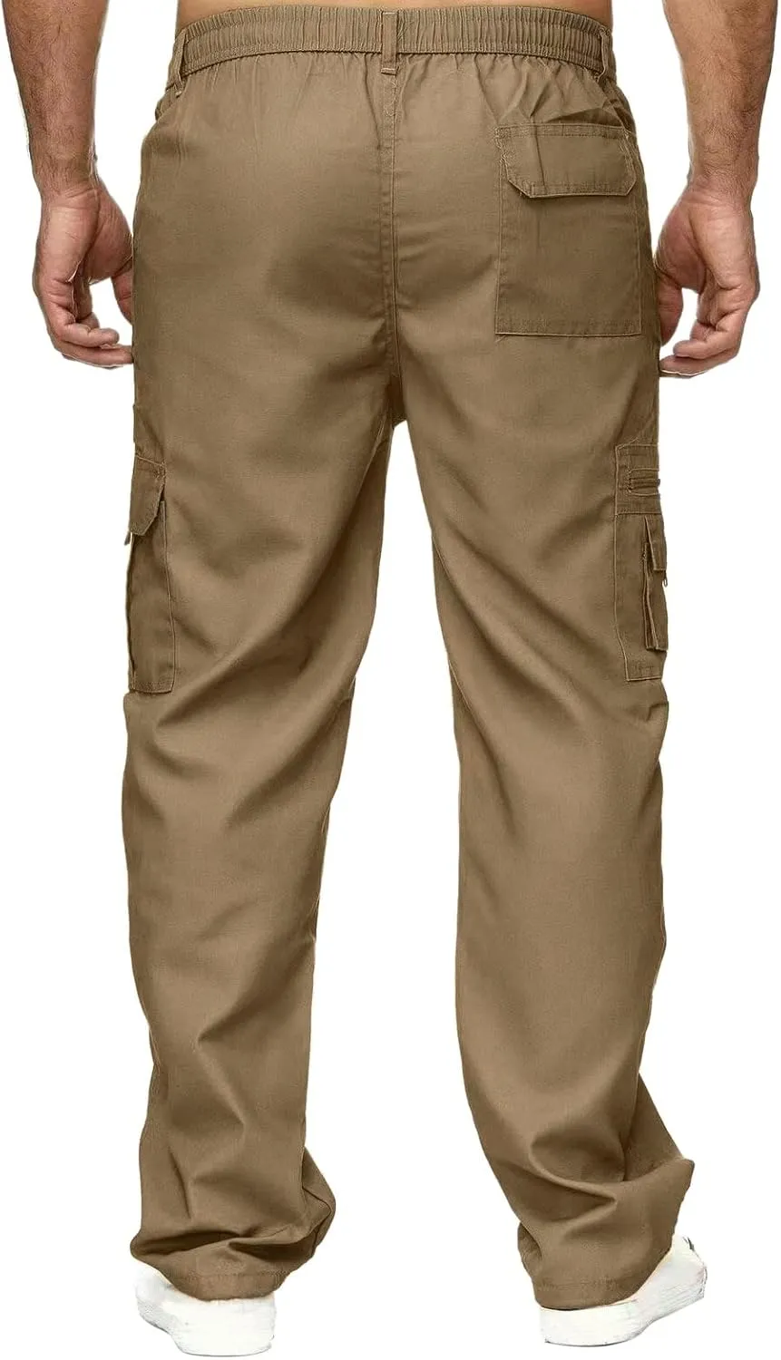 Parise Men's Casual Regular Fit Twill Work Cargo Pants Multi Pockets Outdoor Travel Elastic Waist Straight Wide Leg Trousers
