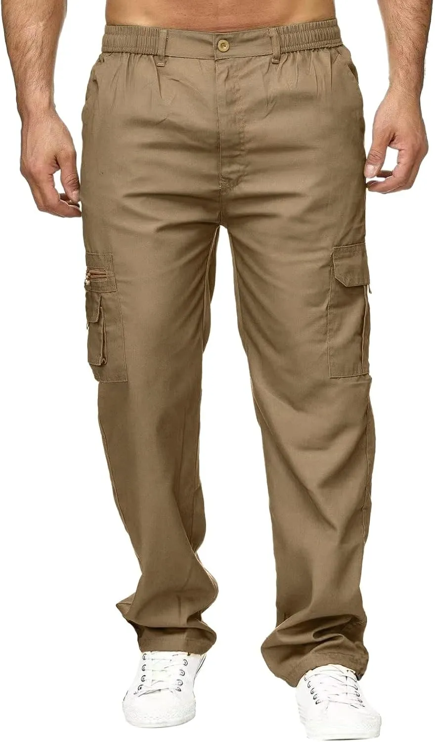 Parise Men's Casual Regular Fit Twill Work Cargo Pants Multi Pockets Outdoor Travel Elastic Waist Straight Wide Leg Trousers