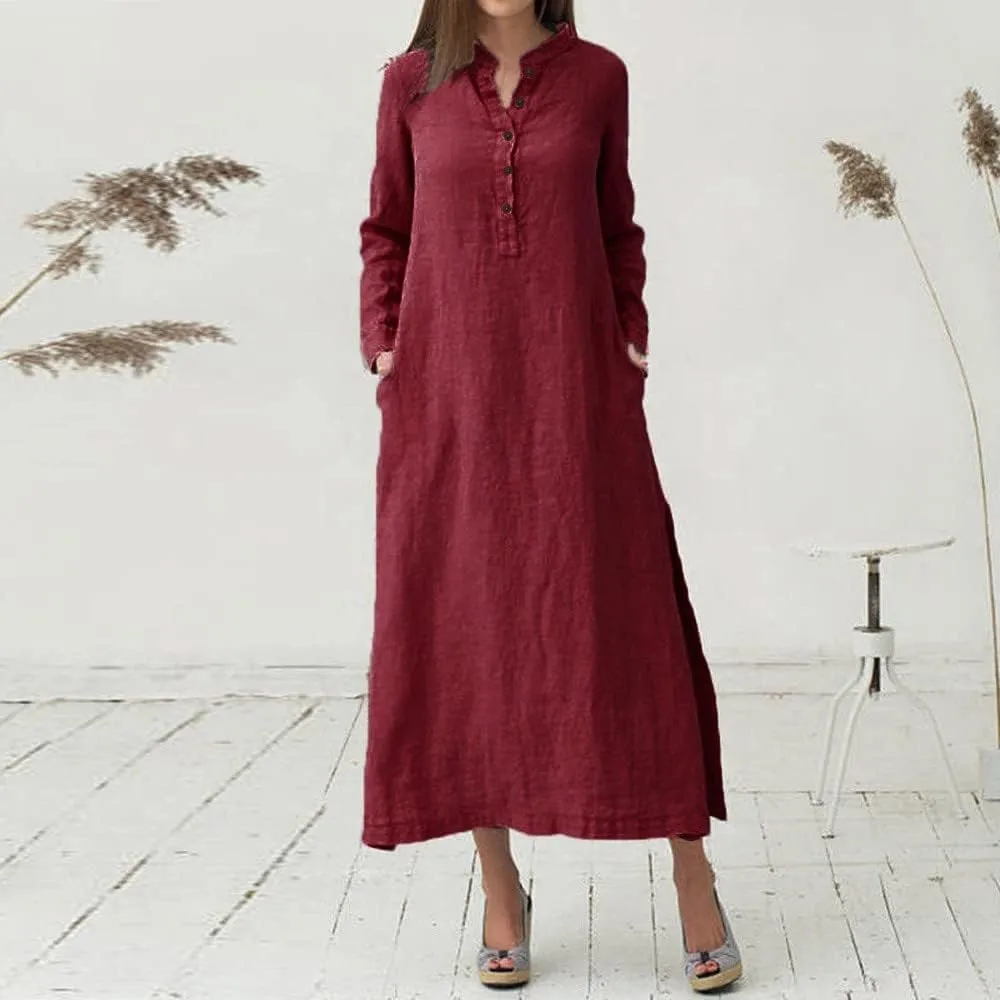 Plain Maxi Long Dress Women's Cotton Linen Long Sleeve Casual Oversized Dress Slit Button Down Retro Elegant Dresses