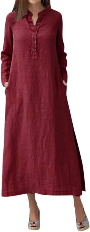 Plain Maxi Long Dress Women's Cotton Linen Long Sleeve Casual Oversized Dress Slit Button Down Retro Elegant Dresses