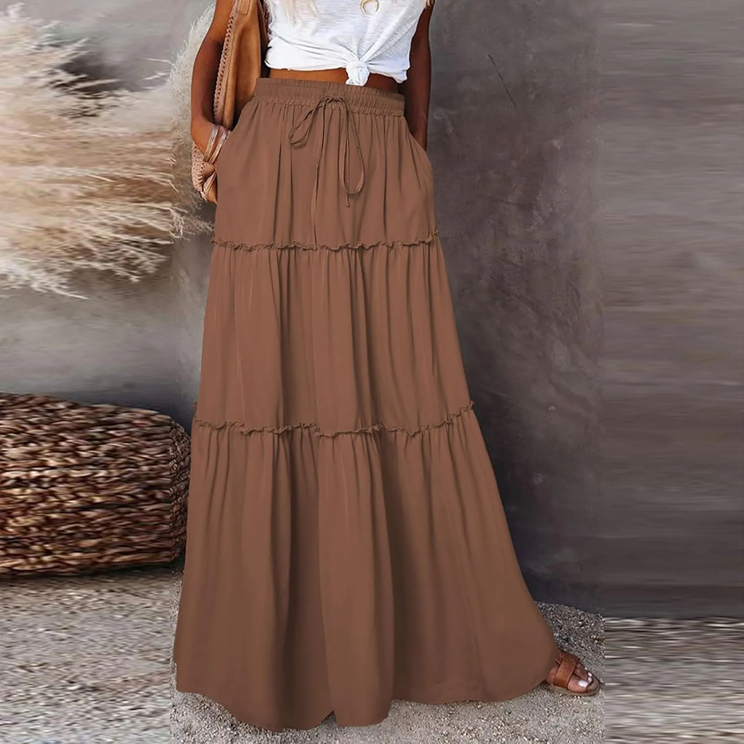 Pleated Maxi Skirts for Women Trendy Tiered Flowy Skirt Drawstring High Waisted Long Skirt A Line Ruffle Skirt