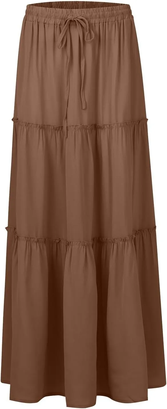 Pleated Maxi Skirts for Women Trendy Tiered Flowy Skirt Drawstring High Waisted Long Skirt A Line Ruffle Skirt