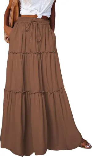 Pleated Maxi Skirts for Women Trendy Tiered Flowy Skirt Drawstring High Waisted Long Skirt A Line Ruffle Skirt
