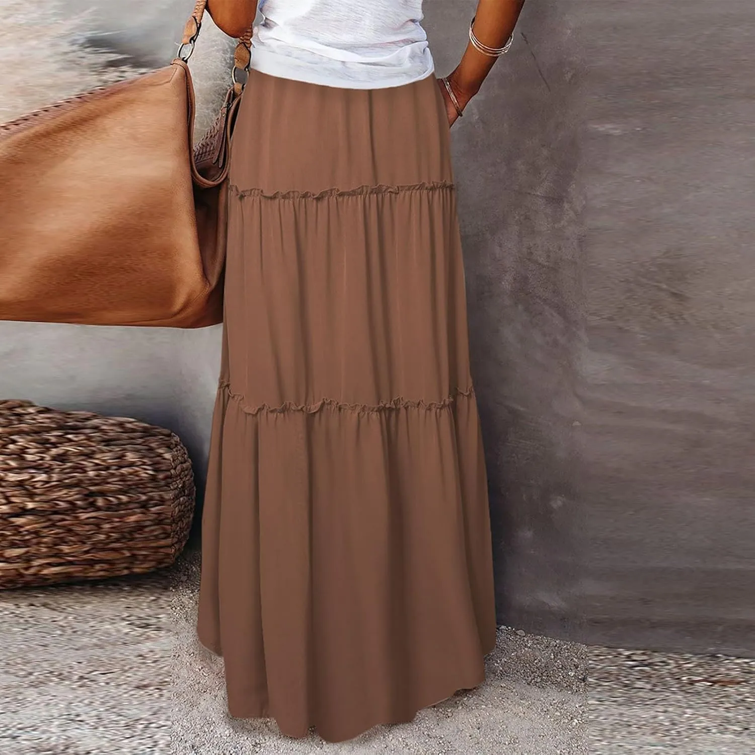 Pleated Maxi Skirts for Women Trendy Tiered Flowy Skirt Drawstring High Waisted Long Skirt A Line Ruffle Skirt