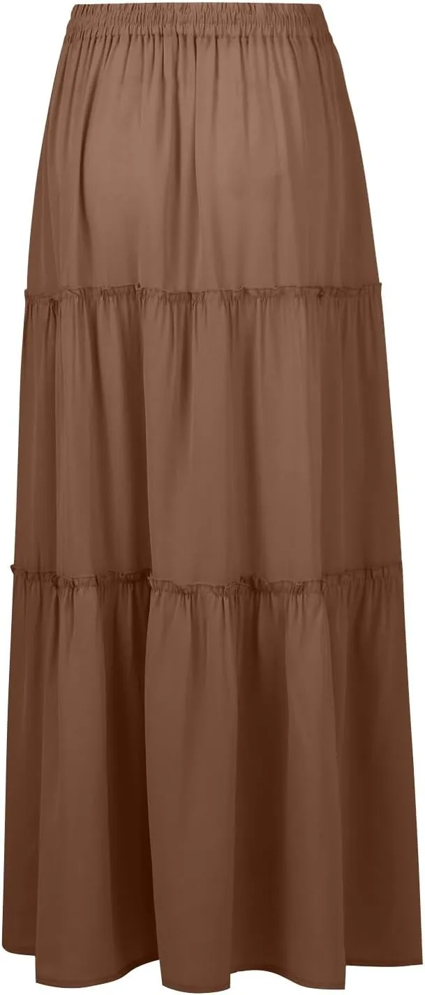Pleated Maxi Skirts for Women Trendy Tiered Flowy Skirt Drawstring High Waisted Long Skirt A Line Ruffle Skirt