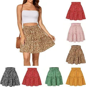 Pleated Mini Skirts for Women Floral A Line Short Skirt High Waisted Drawstring Flowy Skirt Lightweight Cotton Skorts