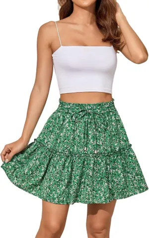 Pleated Mini Skirts for Women Floral A Line Short Skirt High Waisted Drawstring Flowy Skirt Lightweight Cotton Skorts